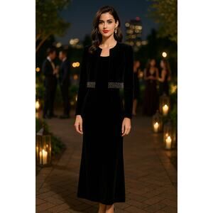 Kurtz Black Velvet Maxi Dress 2 PC SZ 8 Formal Timeless Cropped Jacket Glam